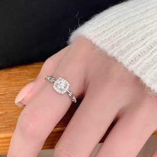 纯银锆石爆闪方钻链条戒指女小众设计轻奢高级感指环2024新款时尚