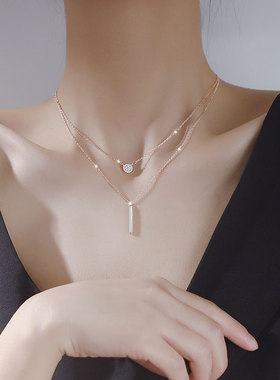 双层闪钻项链女纯银冷淡风锁骨链