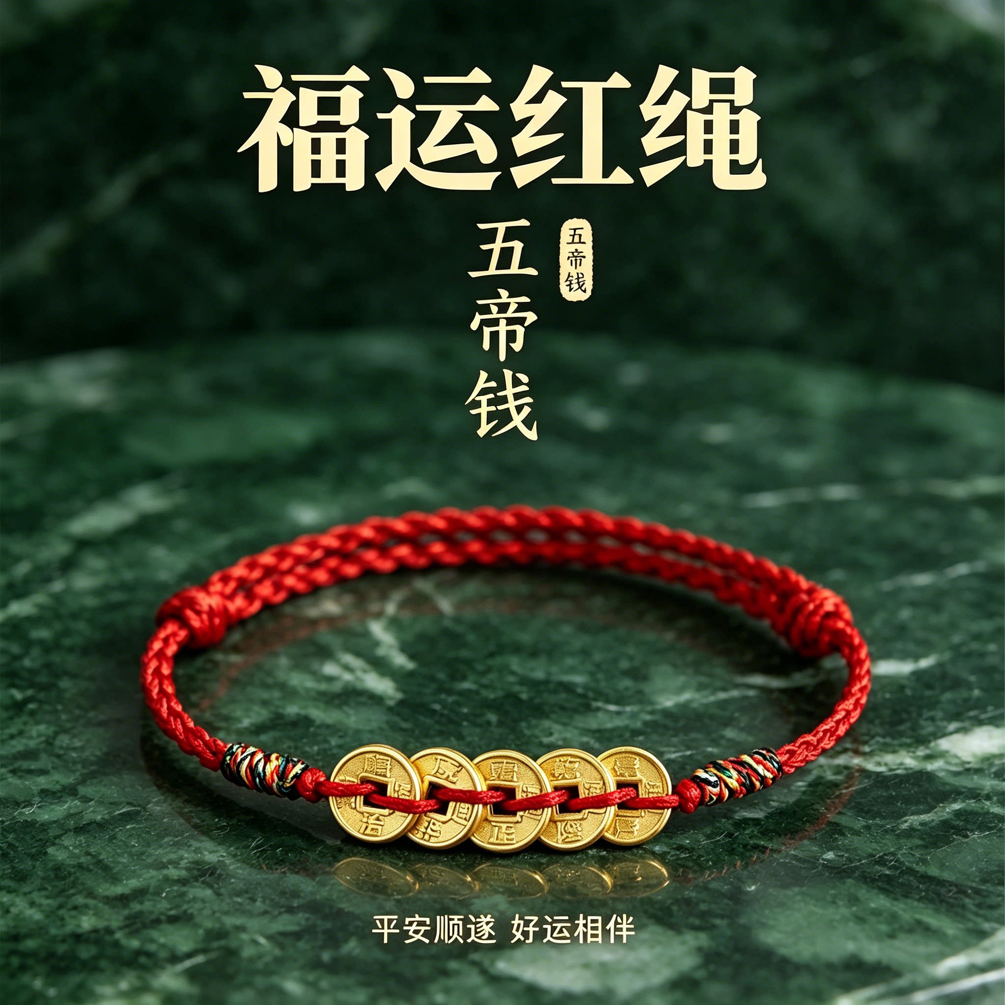 五帝铜钱好运编织红绳手链女转运