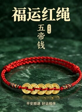 五帝铜钱好运编织红绳手链女转运