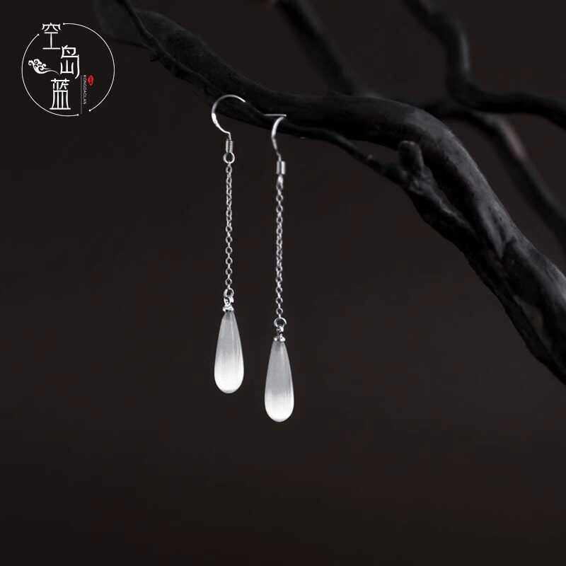 S925纯银文艺古风猫眼石水滴新中式古风耳环清新气质流苏耳坠仙女