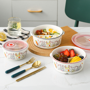 圆形陶瓷分格饭盒微波炉专用便当盒上班族带饭耐高温带盖密封保鲜