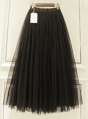 巨好看秋冬季新款黑色网纱裙白色半身裙子百褶长款长裙女a字半裙