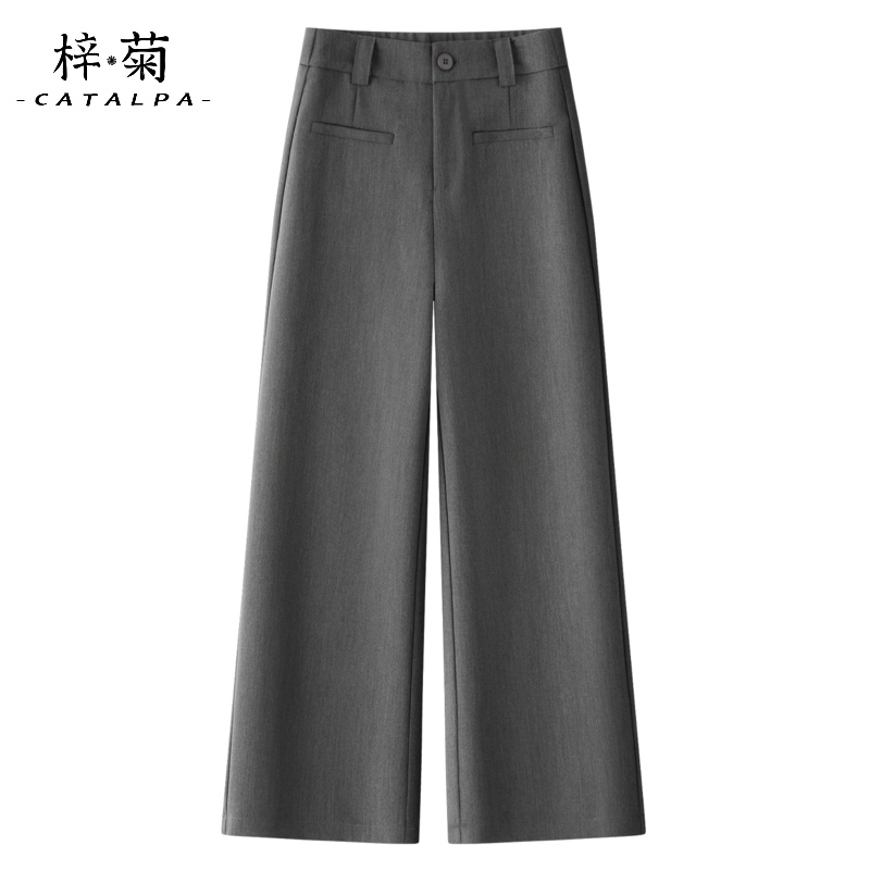 灰色棉羊毛阔腿裤女2025新款秋季休闲裤高腰显瘦宽松直筒西装裤子