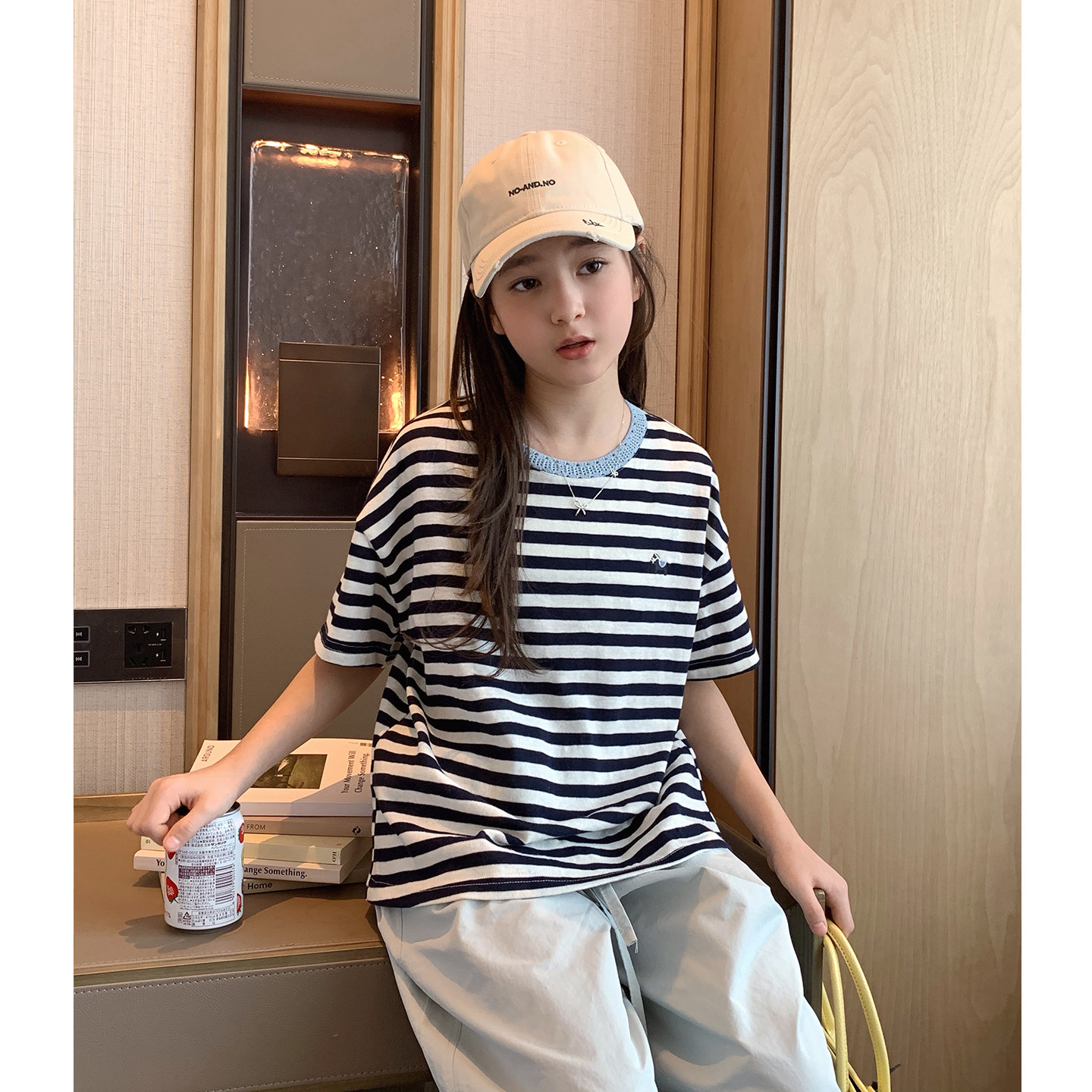 女大童韩版条纹短袖2026夏季新款青少年刺绣宽松圆领上衣亲子T恤