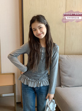 韩版波点花边假两件长袖打底衫
