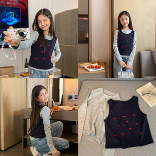 两件套2026春装 刺绣吊带叠穿款 新品 小衫 青少年韩版 女大童背心长袖