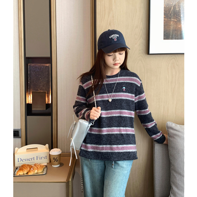 氛围感穿搭韩国兔毛绒条纹打底衫