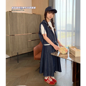 青少年休闲气质套装 女大童深蓝牛仔马甲半身裙2025夏装 新款 可亲子