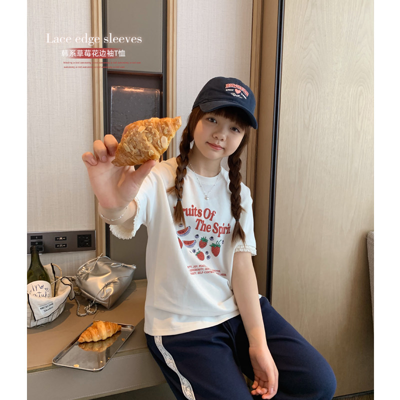 女大童蕾丝袖口草莓短袖2025夏装新款少女韩版休闲T恤初中生上衣,童装/婴儿装/亲子装,T恤,淘宝优惠券,粉丝福利购,淘宝优惠卷