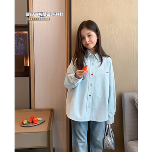 青少年休闲翻领衬衫 初中生学院风上衣 新款 女大童浅蓝衬衣2026春季
