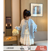 女大童淡蓝色棒球服2025春装 初中生蝴蝶结夹克少女学院风外套 新款