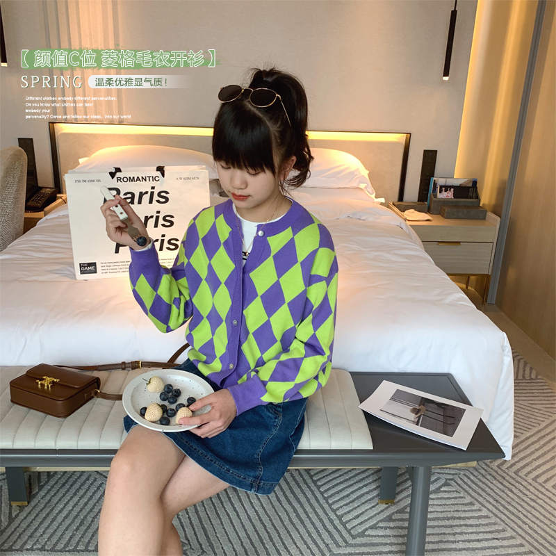 女大童拼色菱格开衫春秋装新款青少年韩版针织衫儿童薄款毛衣外套