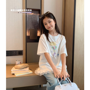 女大童蕾丝下摆卡通短袖2026夏款新款初中生韩版宽松T恤甜妹上衣