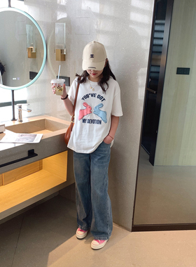 女童卡通兔子短袖2023春夏装新款中大童百搭白色T恤儿童打底衫潮T