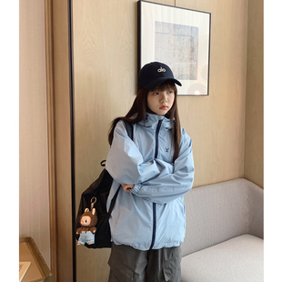 学生防风外套 青少年休闲拉链衫 女大童淡蓝连帽冲锋衣2025秋季 新款