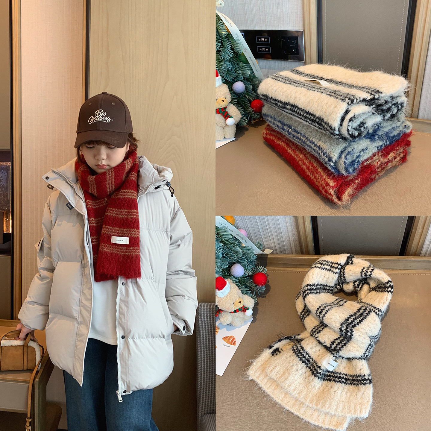 女大童条纹毛线围巾2025冬季新款少女圣诞氛围感披肩亲子温暖围脖,童装/婴儿装/亲子装,围巾,淘宝优惠券,粉丝福利购,淘宝优惠卷