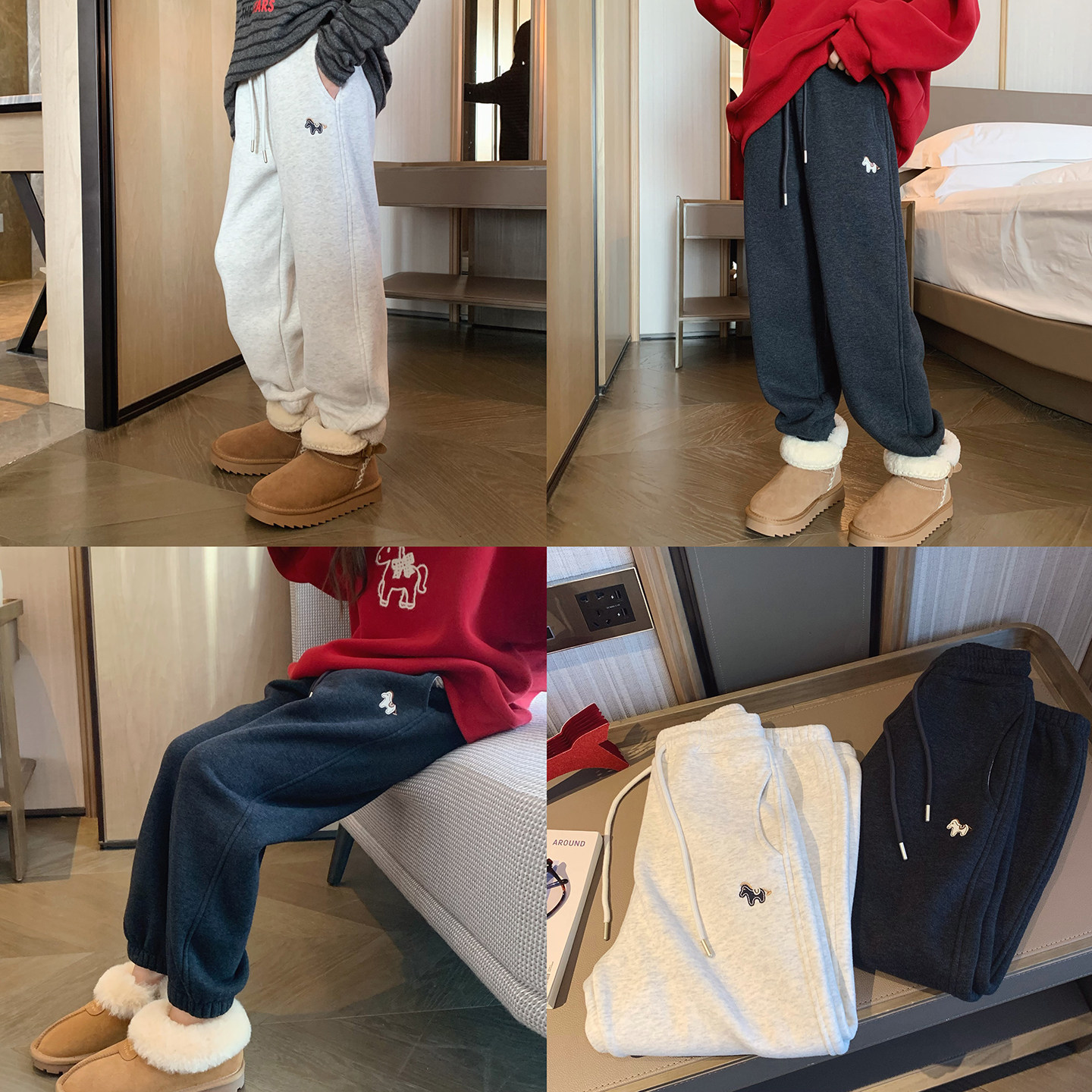 女大童小马刺绣加绒卫裤2025冬季新款初中生保暖收口裤学生运动裤