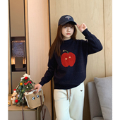 青少年圣诞苹果套头针织线衫 女大童花纱加绒圆领毛衣2025冬季 新款