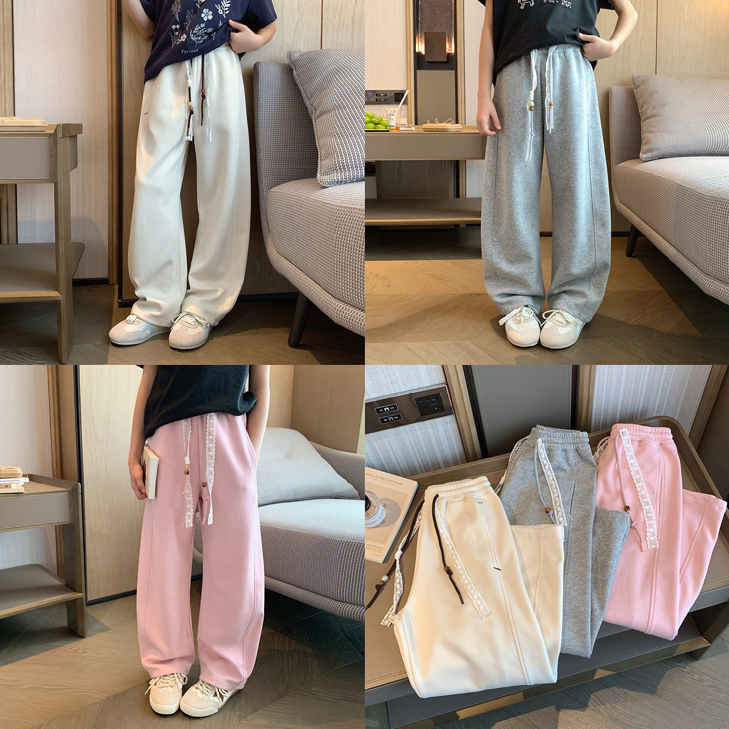 女大童蕾丝弯刀裤2026春季新款青少年松弛休闲卫裤亲子两穿直筒裤