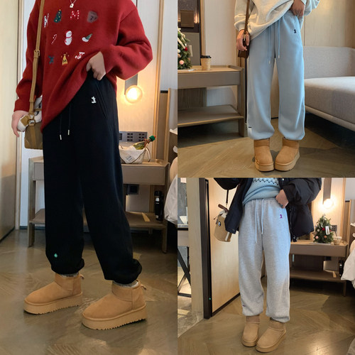 韩版刺绣加绒保暖收口运动卫裤