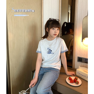 女大童格子翻边袖T恤2025夏装新款初中生韩版正肩短袖棉T短款上衣