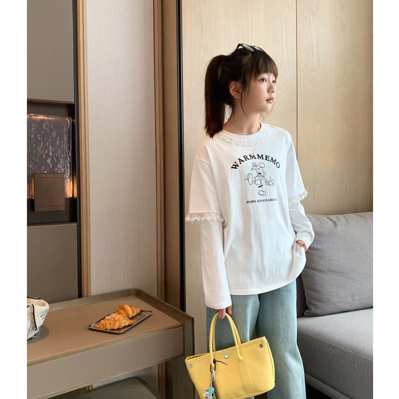 女大童蕾丝边假两件T恤2025春夏季新款初中生韩版休闲长袖白T上衣