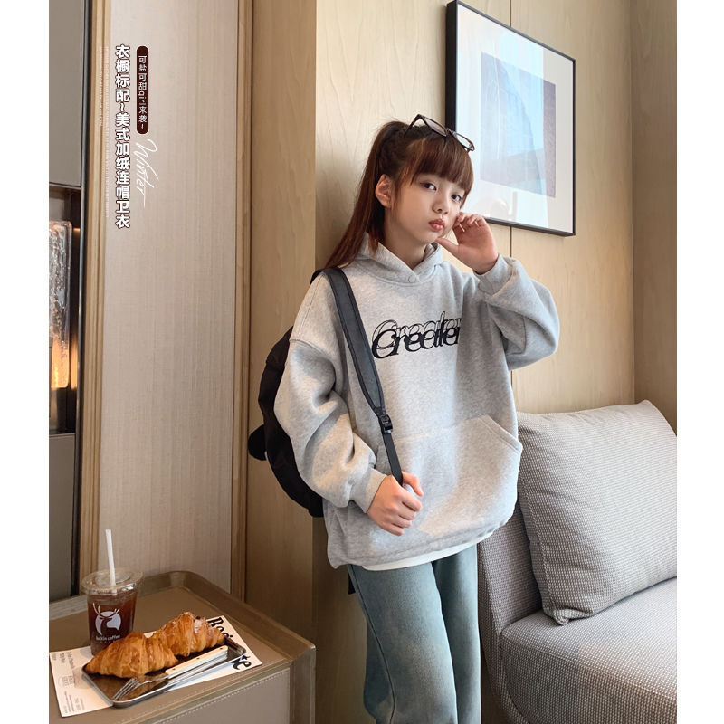 休闲字母下摆抽绳加绒连帽卫衣