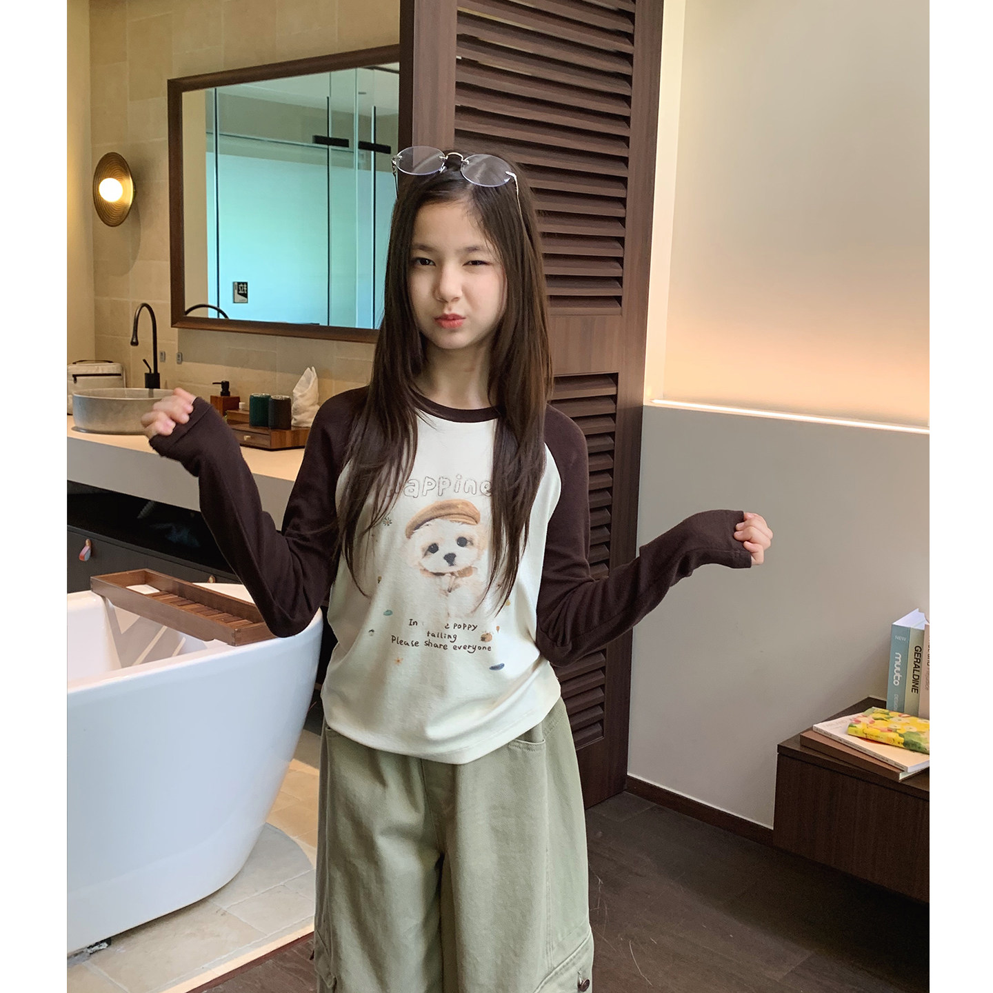 女大童卡通插肩袖T恤2026秋季新款青少年韩版修身打底衫学生长袖