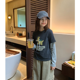 女大童磨毛假两件T恤2026秋季新款青少年韩版修身拼袖潮T学生长袖