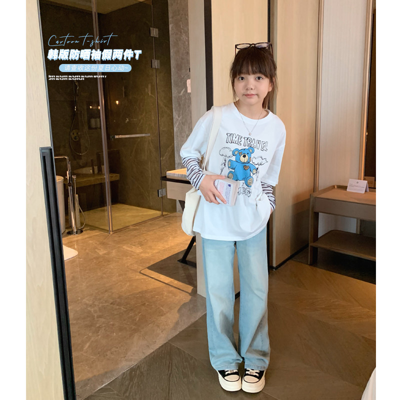 女大童防晒袖T恤2024夏装新款青少年条纹拼袖假两件上衣卡通短袖,童装/婴儿装/亲子装,T恤,淘宝优惠券,粉丝福利购,淘宝优惠卷