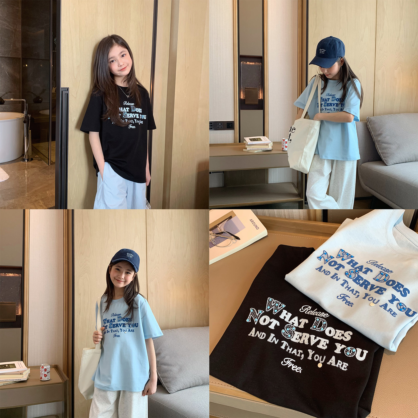 女大童韩版字母短袖2026夏装新款青少年宽松休闲凉感T恤亲子上衣