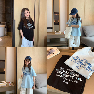 女大童韩版字母短袖2026夏装新款青少年宽松休闲凉感T恤亲子上衣