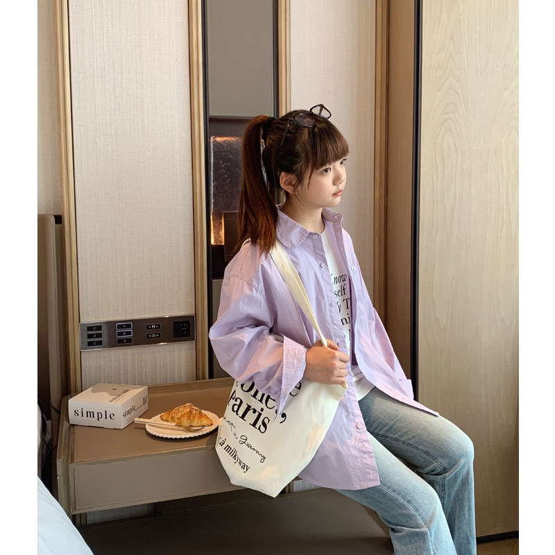 女大童紫色休闲衬衫2025春季新款青少年宽松翻领上衣学生韩版衬衣