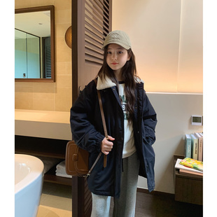 女大童翻领夹棉风衣2026秋冬装新款青少年休闲加厚派克服亲子外套