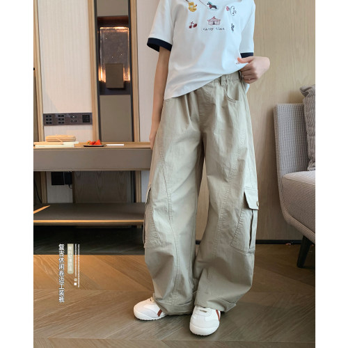 酷飒松弛卡其色斜口袋弯刀工装裤