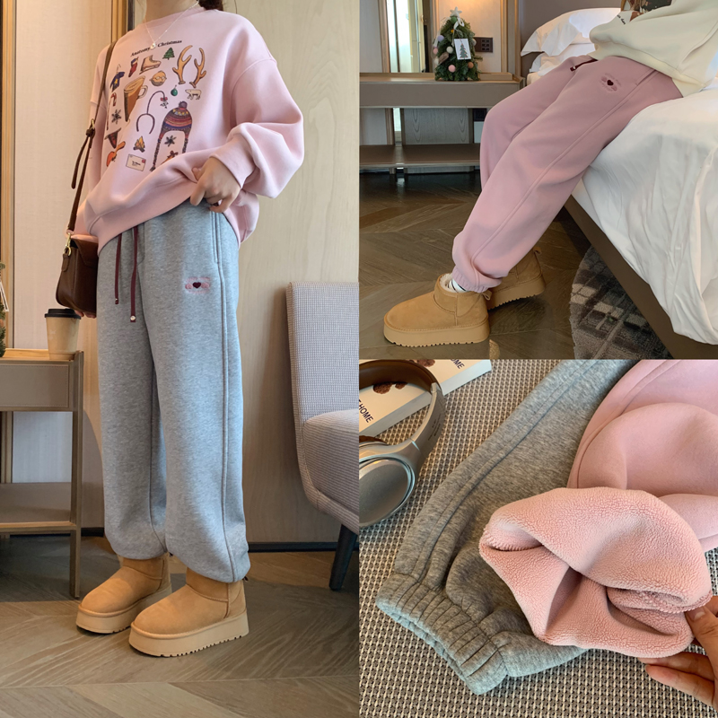 爱心刺绣加绒束脚运动卫裤