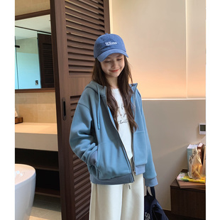 女大童孔雀蓝连帽开衫2026冬装新款青少年宽松加绒卫衣初中生外套