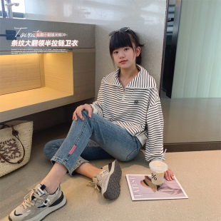 女童韩版条纹翻领卫衣2023春装新款中大童洋气慵懒套头衫儿童上衣