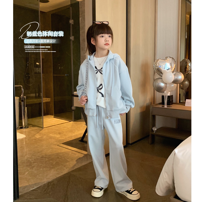 女大童奶蓝运动套装2024春秋童装青少年连帽卫衣开衫直筒裤两件套