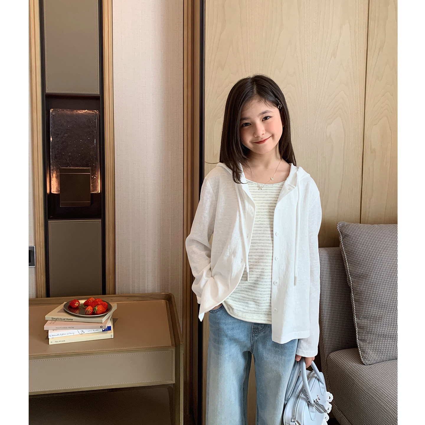 女大童假两件连帽开衫2026夏装新款学生韩版长袖上衣亲子条纹帽衫