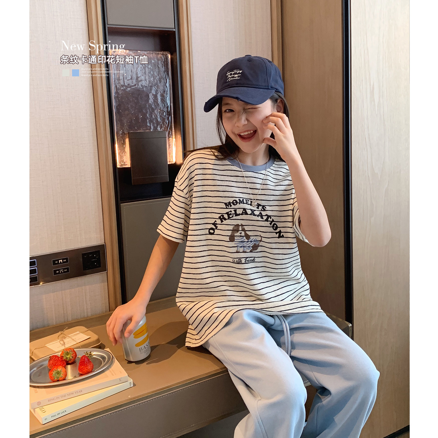 女大童条纹卡通短袖2026夏季新款初中生透气薄棉T恤亲子松弛上衣