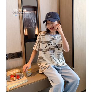 新款 初中生透气薄棉T恤亲子松弛上衣 2026夏季 女大童条纹卡通短袖