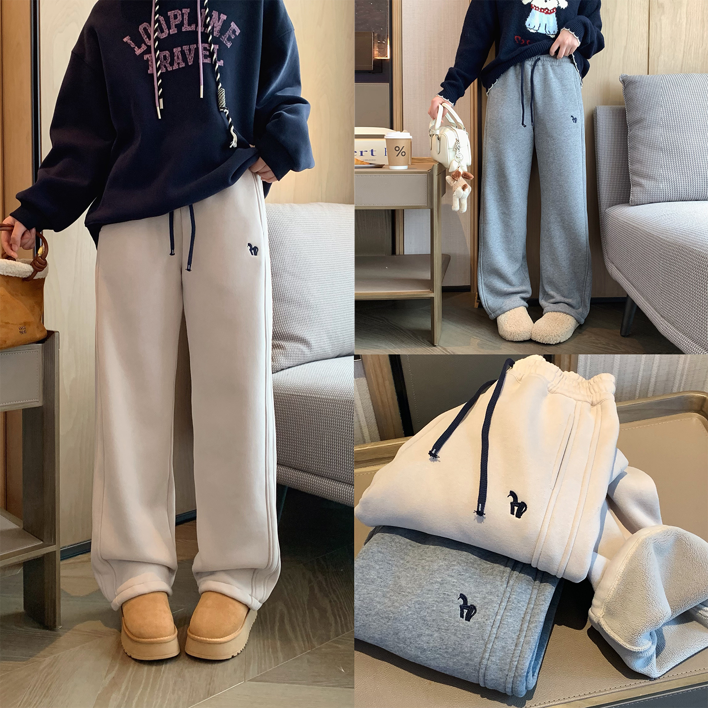 韩版刺绣加绒保暖小直筒卫裤