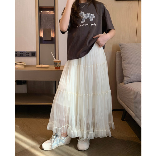 大裙摆超仙压皱网纱半身长裙