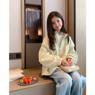 冲锋衣初中生开衫 青少年韩版 新款 女大童蕾丝拼接连帽外套2026春装