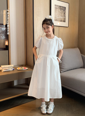 女大童木耳边收腰连衣裙2026夏季新款少女韩系白色长裙初中生裙子