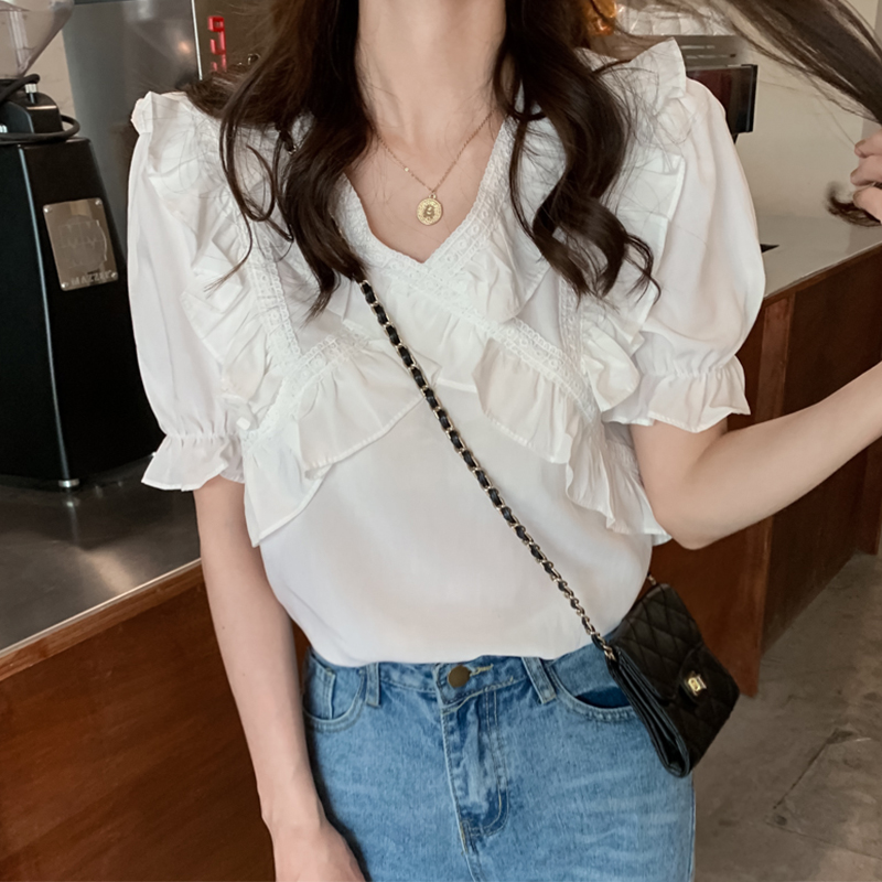 Real price real shot 2021 summer Ruffle chiffon shirt women's short sleeve design smart V-neck shirt