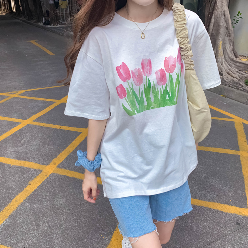 Real price real shot 2021 new loose and thin printing short sleeve t-shirt female round neck half sleeve top female
