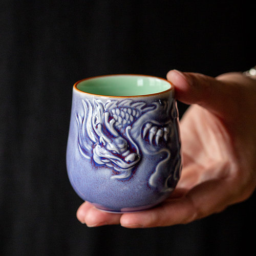 钧瓷浮雕祥龙杯祥瑞茶杯龙年功夫茶具手工陶瓷主人杯高档品茗杯礼